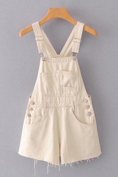 Cool Womens Overalls Shorts Frayed Cuffs Chest Pocket Button Fly A-Line Loose Fitted Denim Overalls Shorts
