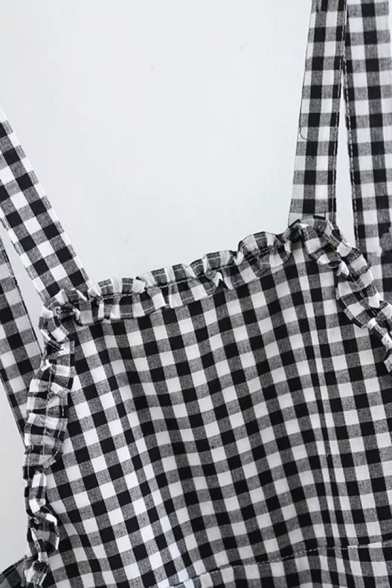 Cozy Girls Overalls Checked Pattern Bow Stringy Selvedge Pleated Pocket Cropped Length Overalls