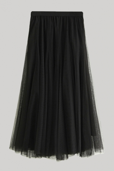 Creative Womens Skirt Solid Color High Elastic Waist Midi A-Line Tulle Skirt