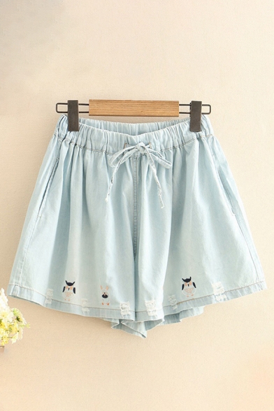 Dressy Womens Shorts Owl Embroidery Pocket Drawstring High Rise Loose Fitted Denim Shorts