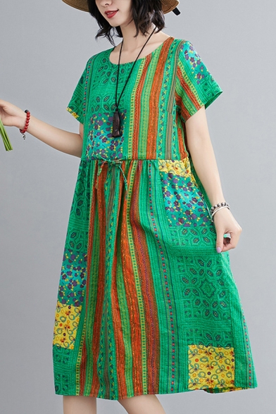 Ethnic Ladies Floral Printed Short Sleeve Round Neck Linen and Cotton Drawstring Waist Mid Oversize Dress