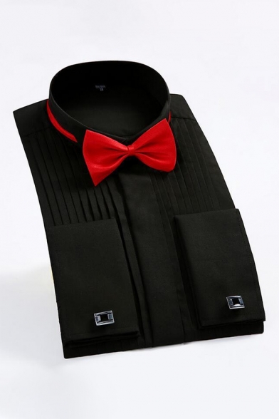 Fashion Bridegroom Simple Plain Pleated Detail Wash and Wear Bow-Tied Collar Button-Up Shirt for Wedding