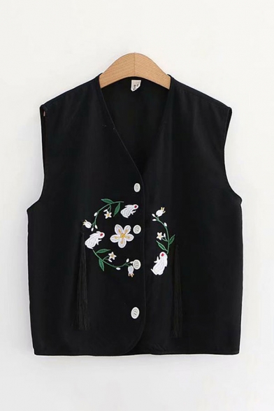 Fashion Ladies Floral Embroidery Tassel Embellished Button Up V Neck Sleeveless Regular Fitted Cardigan Vest