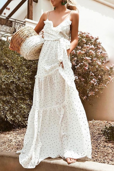 Gorgeous Ladies Polka Dot Printed Spaghetti Straps Ruffled Bow Tied Waist Maxi A-line Slip Dress in White