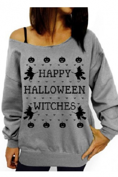 Hot Fashion THIS GIRL LOVES HALLOWEEN WITCHES Letter Printed One Shoulder Long Sleeve Gray Sweatshirt
