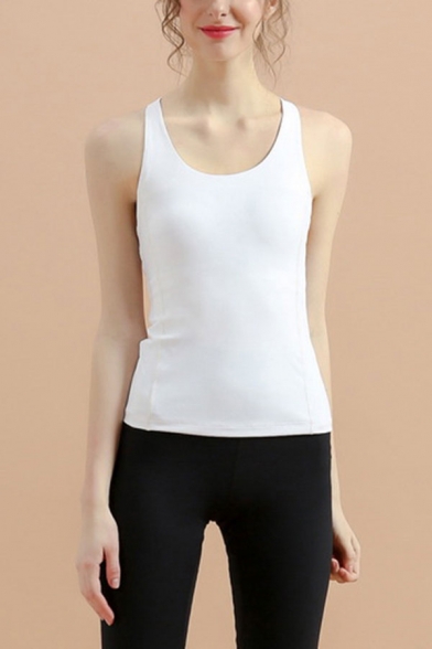 Hot Girls Solid Color Sleeveless Scoop Neck Hollow Out Back Slim Fitted Fitness Tank Top