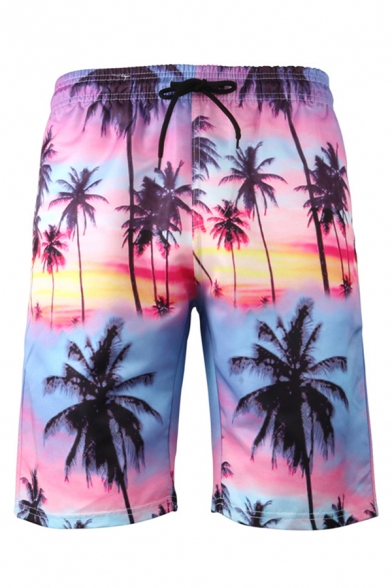 Leisure Mens Shorts 3D Animal Dolphin Ocean Sky Coconut Tree Pattern Drawstring over the Knee Fitted Mid Rise Relax Shorts with Pocket
