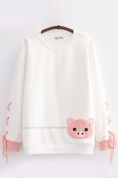 Leisure Pig Embroidered Lace-up Long Sleeve Crew Neck Sherpa Liner Relaxed Pullover Sweatshirt