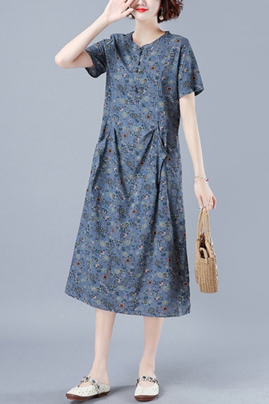 Leisure Womens Ditsy Floral Printed Frog Button Front Pocket Collarless Short Sleeve Oversize Midi Swing Dress