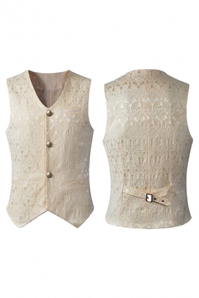 Medieval Style Embossing Sleeveless V-neck Button Up Irregular Fit Vest for Men