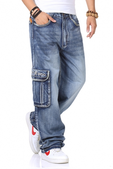 Gergeos Jeans Pants Fashion Mens Embroidery Hole Zipper Fly Cotton Denim Pants Trouser with Pocket 