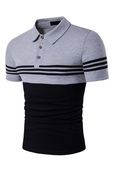Men's Trendy Polo Shirt Color-block Horizontal Stripe Pattern Button Placket Short Sleeves Spread Collar Slim Fit Polo Shirt