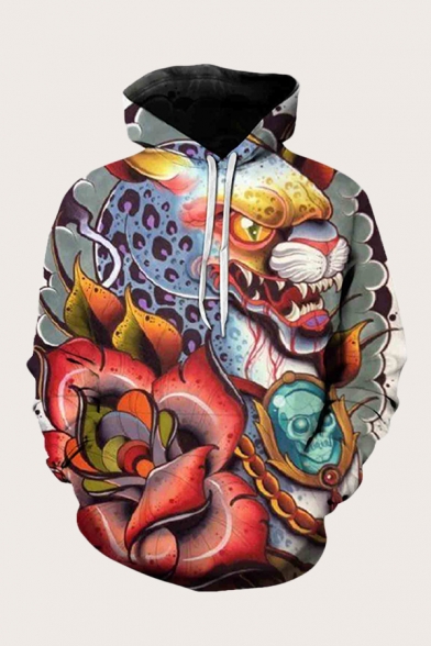 Mens 3D Hooded Sweatshirt Fashionable Dragon Skull Flower Pattern Drawstring Long Sleeve Regular Fit Hooded Sweatshirt