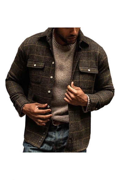 Mens Jacket Simple Grid Pattern Woven Flap Chest Pockets Button-down Long Sleeve Turn-down Collar Slim Fitted Shirt Jacket