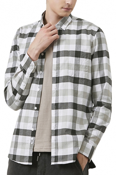 Mens Shirt Chic Plaid Pattern Button down Collar Regular Fit Long Sleeve Shirt with Chest Pocket with Chest Pocket