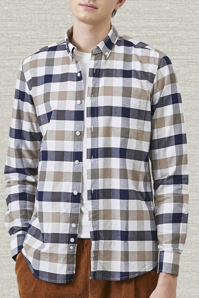 Mens Shirt Chic Plaid Pattern Button down Collar Regular Fit Long Sleeve Shirt with Chest Pocket with Chest Pocket