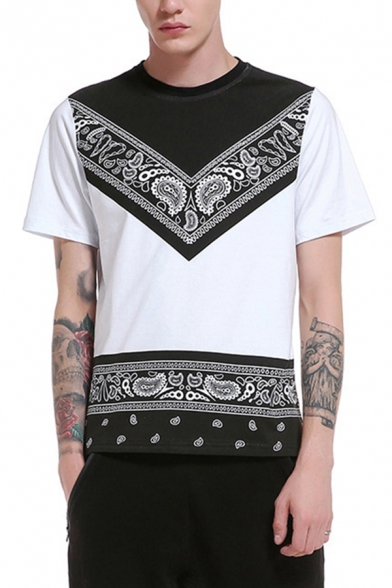 Mens Tee Top Chic Contrasted Paisley Floral Chevron Pattern Short Sleeve Round Neck Slim Fitted Tee Top