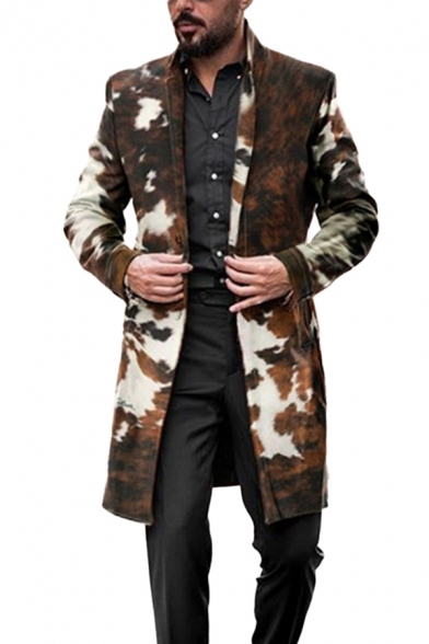 Mens Trench Coat Creative Camouflage Turn-down Collar Button-down Slim Fitted Long Sleeve Mid-Length Trench Coat