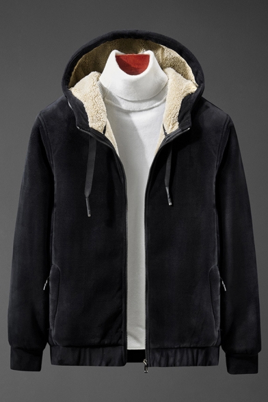 Novelty Mens Jacket Sherpa Lined Scratch-Resistant Rib Hem Inside Pockets Zipper down Long Sleeve Slim Fitted Hooded Casual Jacket