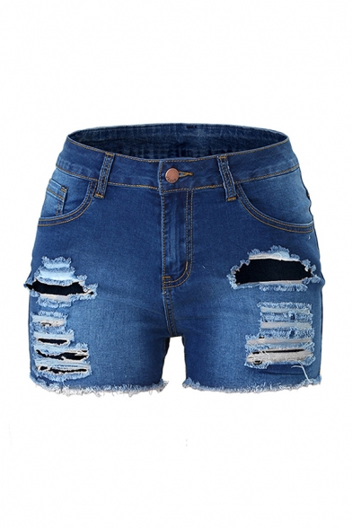 Novelty Womens Blue Shorts Faded Wash Distressed Hole Frayed Cuffs Regular Fitted Zipper Fly Denim Shorts