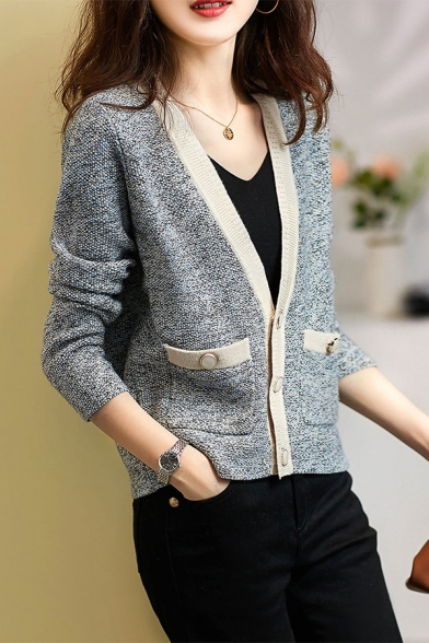 Popular Contrast Trim V Neck Long Sleeve Button Up Gray Oversized Cardigan with Dual Pocket