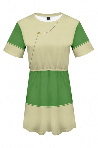 Popular Girls Contrasted 3D Patterned Short Sleeve Crew Neck Short A-line T Shirt Dress