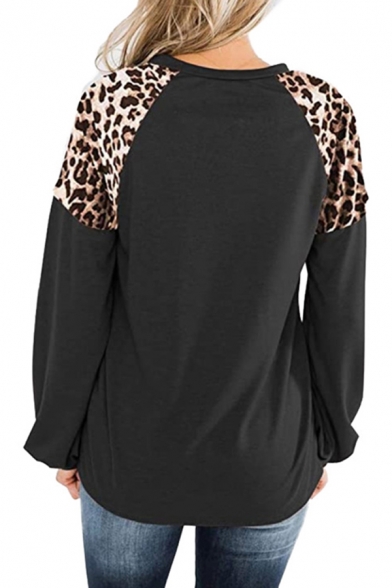 Popular Womens Leopard Printed Patchwork Crew Neck Bishop Long Sleeve Relaxed Fit Tee Top