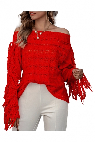 Popular Womens Solid Color Hollow Out Tassel Embellished Off the Shoulder Long Sleeve Loose Knit Pullover Sweater