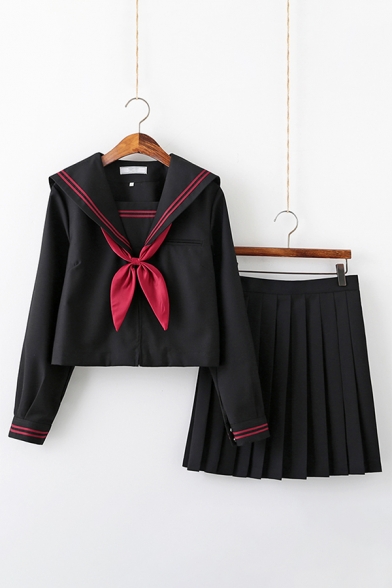Preppy Chic Navy Collar Bowtie Front Long Sleeve Top with Mini Pleated Skirt Two Piece Sailor Suit