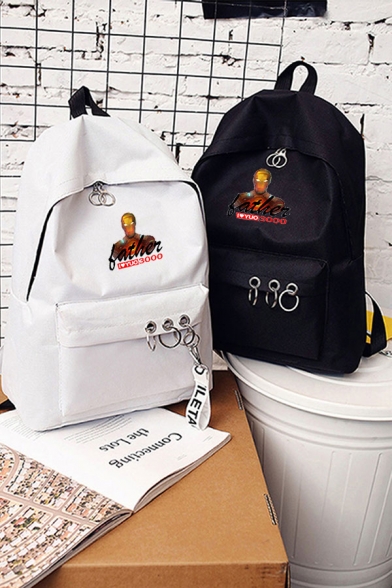 Preppy Popular Letter I LOVE YOU 3000 TIMES Printed Ribbon Embellished O-Ring Zip Up School Bag Canvas Backpack