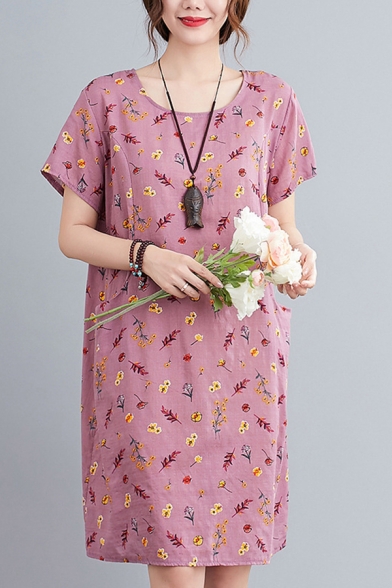 Pretty Womens Ditsy Flower Printed Linen and Cotton Short Sleeve Round Neck Short Shift Dress in Pink