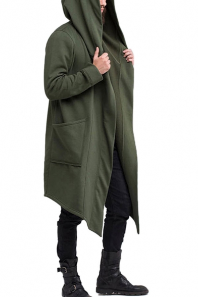 Retro Mens Jacket Solid Color Cardigan Asymmetric Hem Large Hood Loose Fitted Casual Jacket