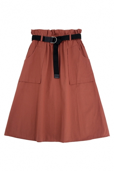 Retro Womens Skirt Plain Buckle Belted Bud Waist Midi A-Line Swing Skirt with Pockets