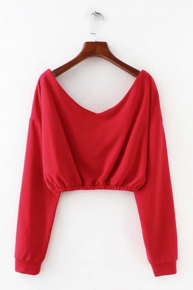 Sexy V Neck Long Sleeve Red Plain Cropped Sweatshirt