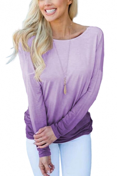 Sexy Womens Ombre Twist Open Back Boat Neck Long Sleeve Relaxed Fit T-shirt