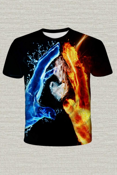 Stylish Mens Tee Top 3D Heart Water Fire Hand Pattern Short Sleeve Crew Neck Fitted Tee Top in Black