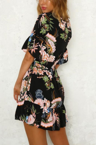 Summer Trendy Floral Print Cutout Back Flutter Sleeve Tied Waist Mini A-Line Dress