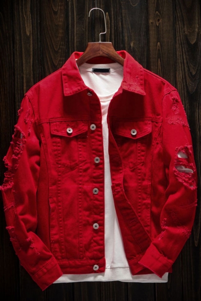 Trendy Men's Jacket Solid Color Ripped Long Sleeves Button Closure Pocket Spread Collar Fitted Denim Jacket in Red