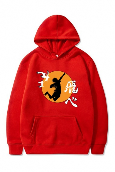 Unique Mens Anime Character Chinese Letter Graphic Printed Drawstring Kangaroo Pocket Long Sleeve Loose Fit Hooded Sweatshirt