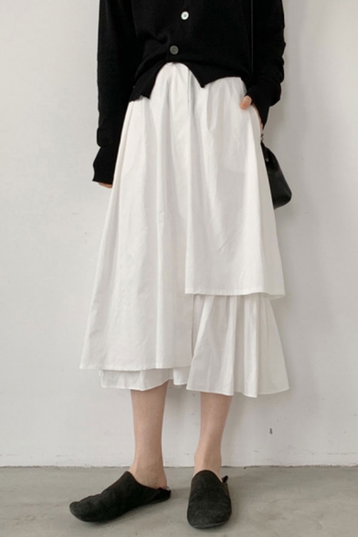 Unique Womens A-Line Skirt Plain Pleated Asymmetric High Waist Midi A-Line Skirt