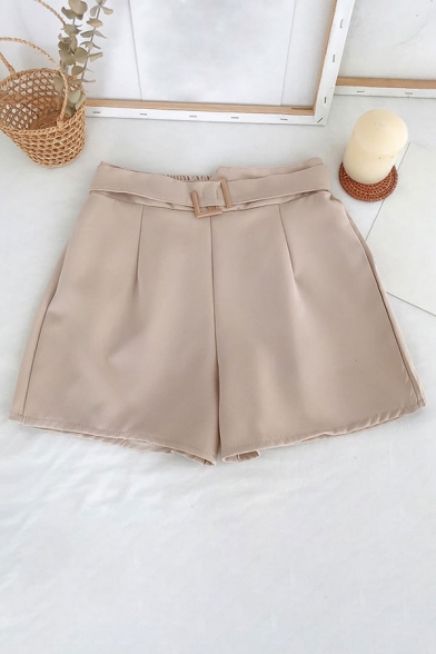 Vintage Womens Shorts Solid Color Chiffon High Rise Partially Elastic Waist Belted Pleated Loose Fitted A-Line Relaxed Shorts