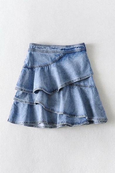 

Womens Fashion Short Skirt Acid Wash Zip Fly Top-stitching Tiered High Rise Ruffle-trimmed Denim Skirt, Blue, LM696592