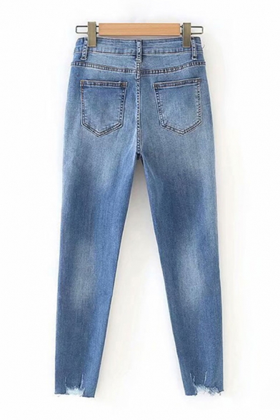 Womens Jeans Chic Blue Medium Wash Ripped Zipper Fly Ankle Length Slim Fit Tapered Jeans