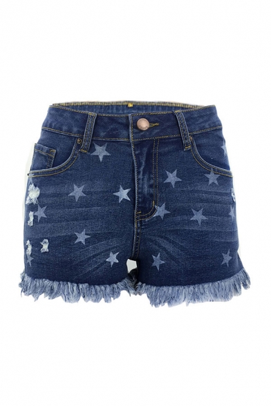 Womens Shorts Chic Medium Wash Star Pattern Frayed Cuffs Zipper Fly Regular Fitted Denim Shorts
