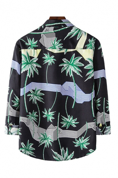 Basic Mens Shirt Coconut Tree Abstract Striped Pattern Button-down Long Sleeve Turn-down Collar Regular Fit Shirt