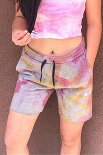 Brown Popular Tie Dye Printed Elastic Waist Relaxed Fit Shorts for Girls