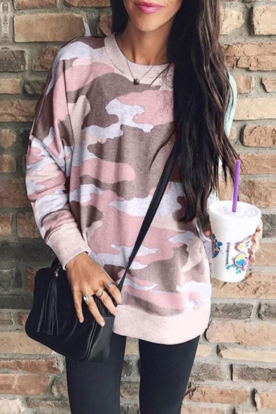 Casual Camo Print Long Sleeve Round Neck Relaxed Tunic Sweatshirt Top for Ladies