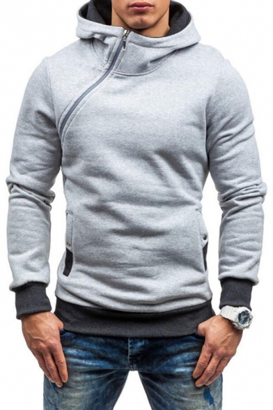 Casual Hooded Sweatshirt Color Block Contrast Trim Rivets Zipper Long-sleeved Slim Fit Hooded Sweatshirt for Men