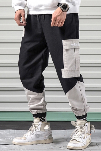 Casual Mens Contrasted Flap Pocket Mid Rise Cuffed Tapered Fit Cargo Pants