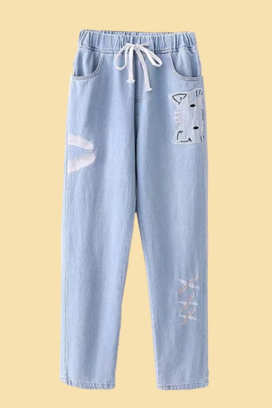 Casual Pants Cartoon Cat Foot Cross Embroidery Light Wash Pocket High Waist Drawstring Elastic Full Length Tapered Pants for Women